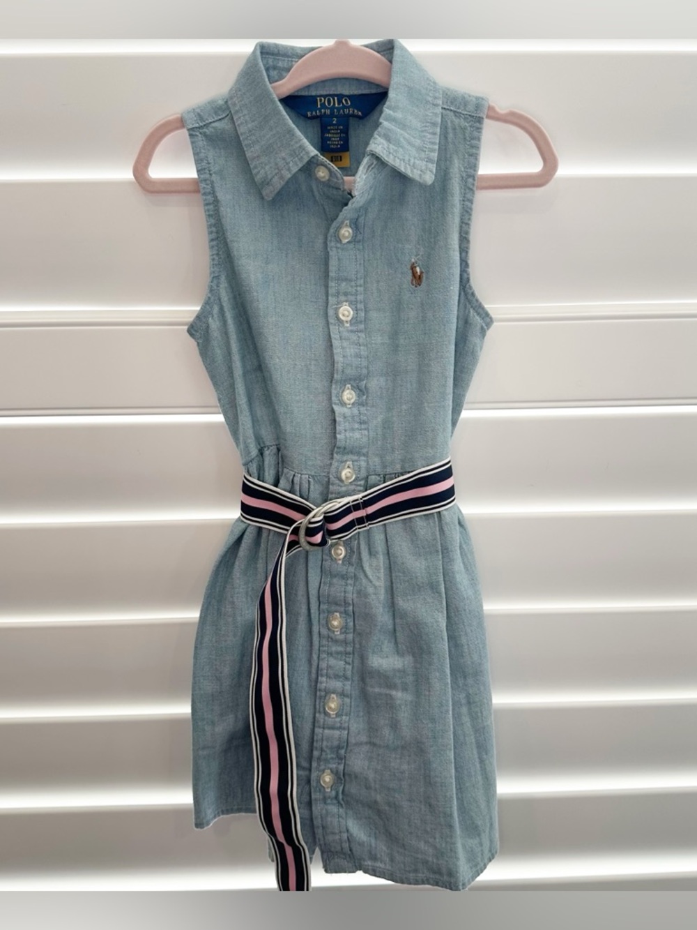 Ralph Lauren Light Blue Denim Sleeveless Shirt Dress with Striped Belt - Kids